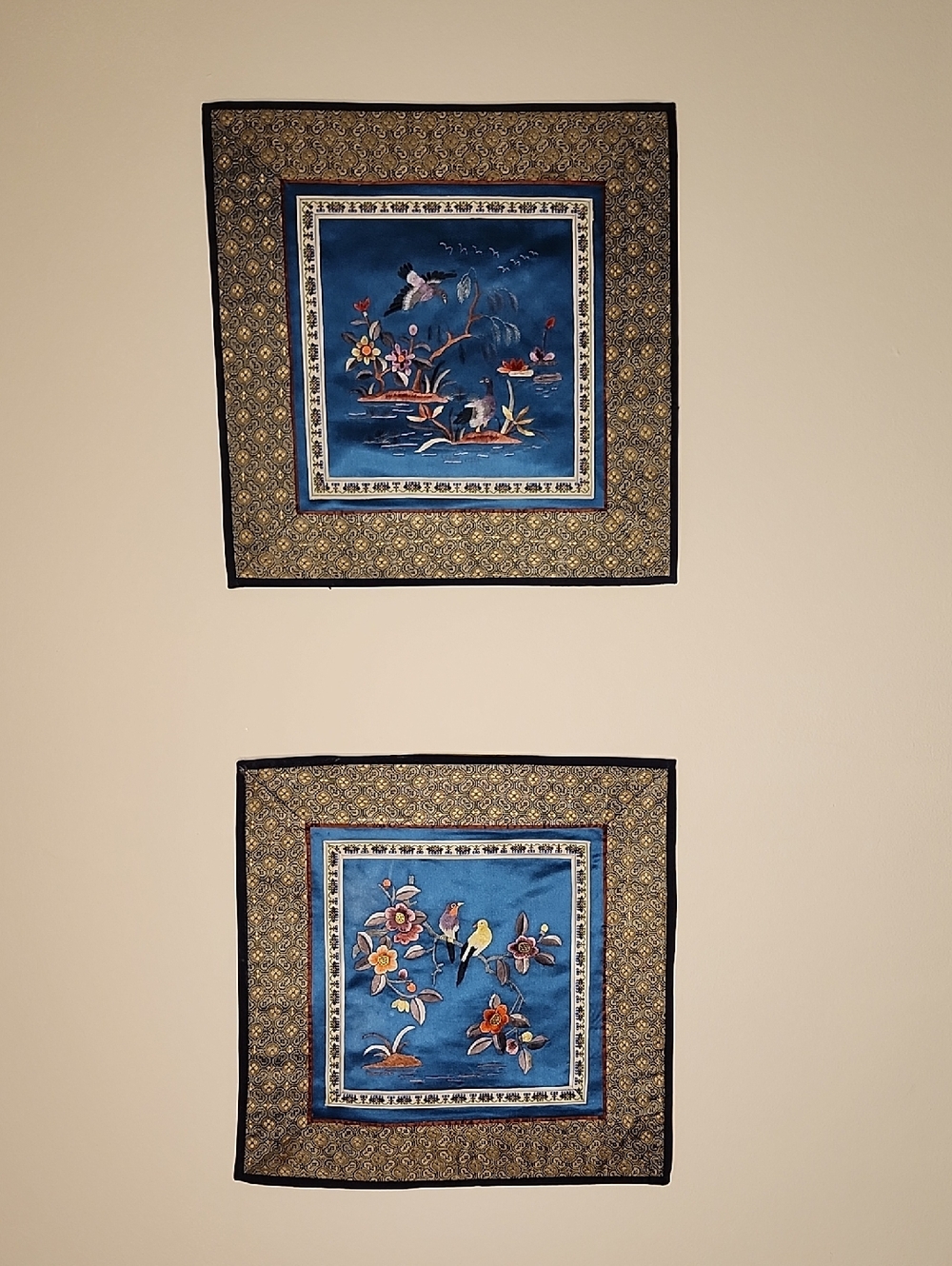 Vintage Chinese Silk Embroidered Wall Panels Set of 2 – Chinoiserie Bird Decor